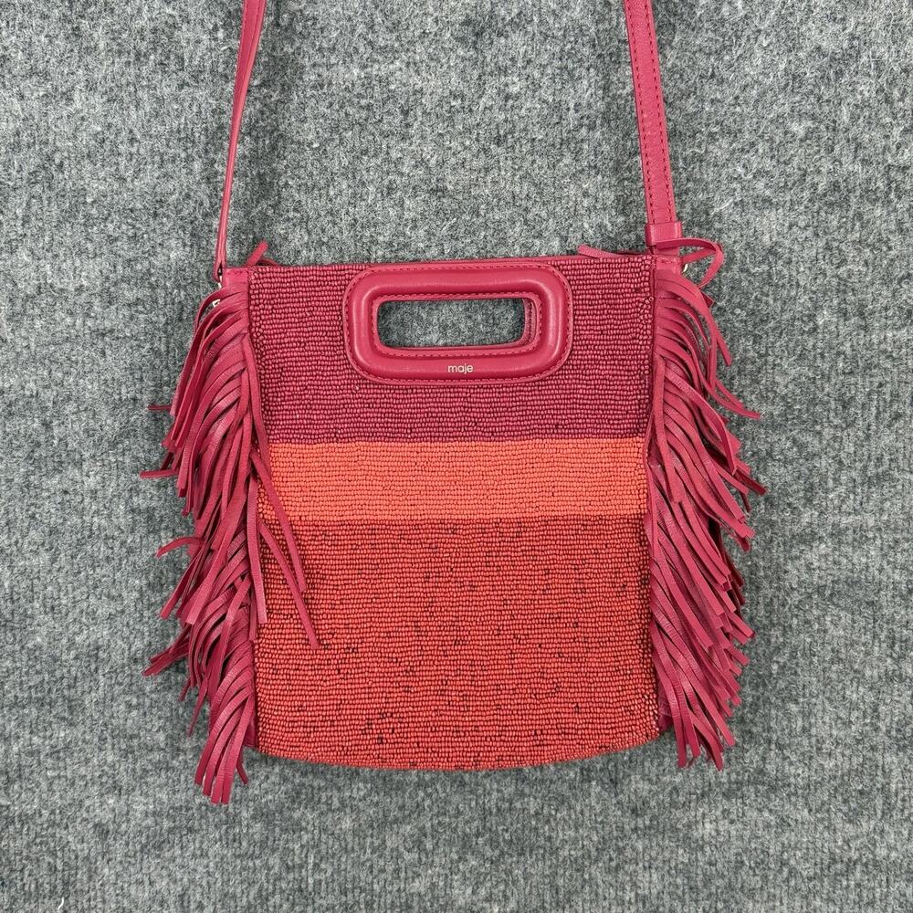 Maje Fringe Colorblock Crossbody Shoulder Bag Pink Leather Beaded Boho Hippie